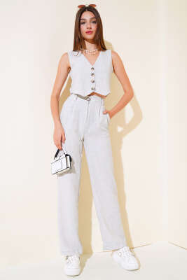 Kırçılı Yelekli Keten Takım Gri - LUSTRİN