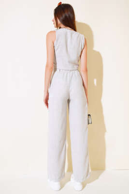 Kırçılı Yelekli Keten Takım Gri - Kadın Giyim Modelleri