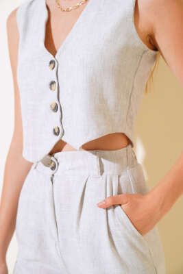 Kırçılı Yelekli Keten Takım Gri - Kadın Giyim Modelleri