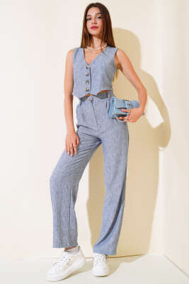 Kırçılı Yelekli Keten Takım Indıgo 