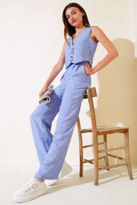 Kırçılı Yelekli Keten Takım Mavi 