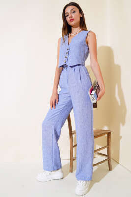 Kırçılı Yelekli Keten Takım Mavi - Kadın Giyim Modelleri