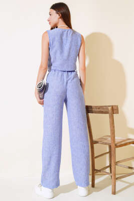 Kırçılı Yelekli Keten Takım Mavi - Kadın Giyim Modelleri