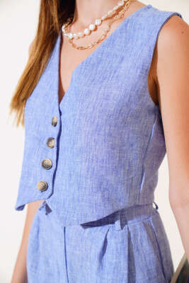 Kırçılı Yelekli Keten Takım Mavi - Kadın Giyim Modelleri