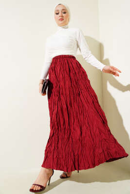 Kırışık Bel Lastikli Etek Bordo - Uzun Etek