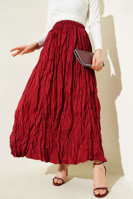 Kırışık Bel Lastikli Etek Bordo 