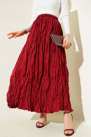 Kırışık Bel Lastikli Etek Bordo - Uzun Etek