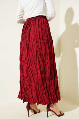 Kırışık Bel Lastikli Etek Bordo - Uzun Etek