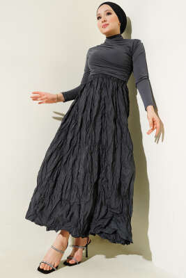 Kırışık Bel Lastikli Etek Füme - Uzun Etek