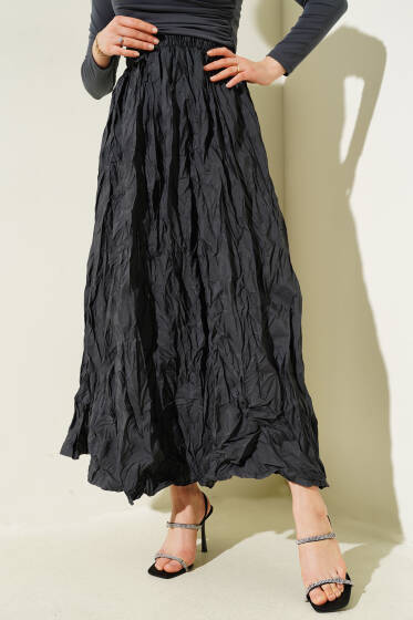 Kırışık Bel Lastikli Etek Füme - Uzun Etek