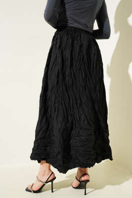 Kırışık Bel Lastikli Etek Siyah - Uzun Etek