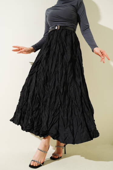 Kırışık Bel Lastikli Etek Siyah - Uzun Etek