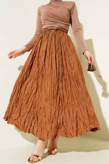 Kırışık Bel Lastikli Etek Taba - Etek