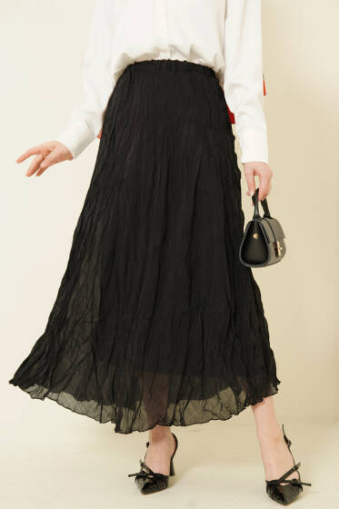 Kırışık Beli Lastikli Etek Siyah - Etek