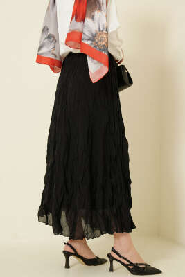 Kırışık Beli Lastikli Etek Siyah - Etek