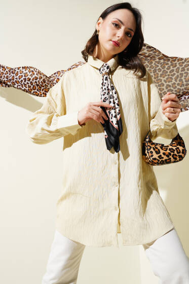 Kırışık Çizgili Basic Gömlek Bej - Gömlek