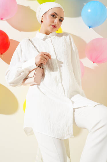 Kırışık Çizgili Basic Gömlek Ekru - Gömlek