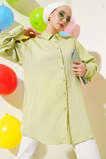 Kırışık Çizgili Basic Gömlek Fıstık Yeşili - Gömlek