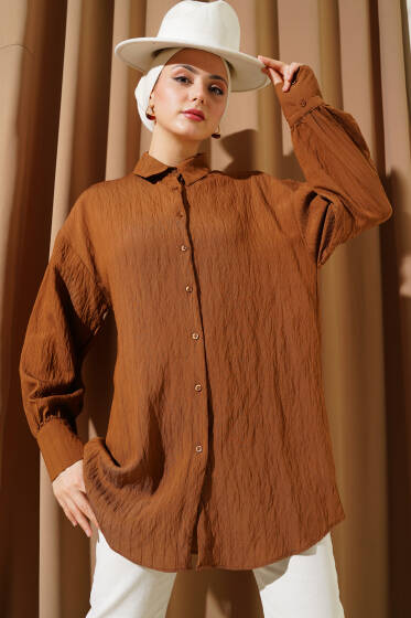 Kırışık Çizgili Basic Gömlek Kahve - Gömlek