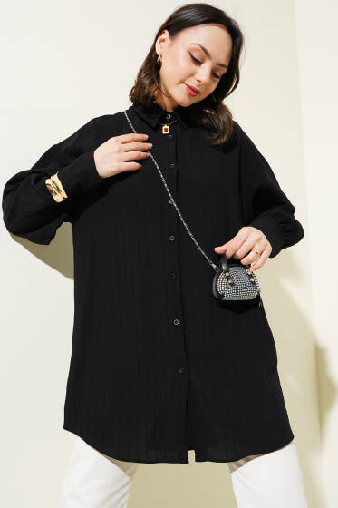 Kırışık Çizgili Basic Gömlek Siyah - Gömlek