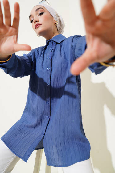 Kırışık Çizgili Gömlek İndigo - Gömlek