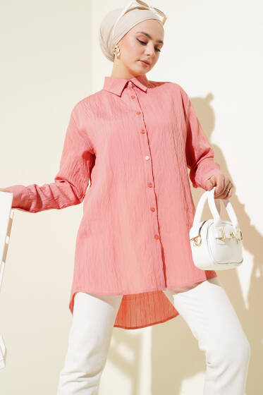 Kırışık Çizgili Gömlek Pudra - Gömlek