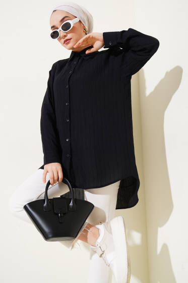 Kırışık Çizgili Gömlek Siyah - Gömlek