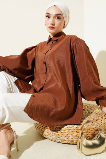 Kırışık Doku Balon Kol Gömlek Kahve - Gömlek