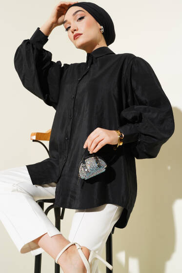 Kırışık Doku Balon Kol Gömlek Siyah - Gömlek