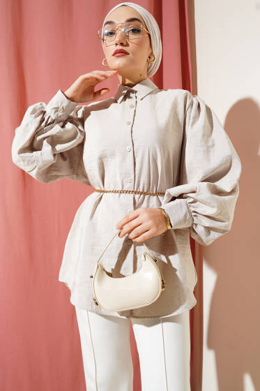 Kırışık Doku Balon Kol Gömlek Taş - Gömlek