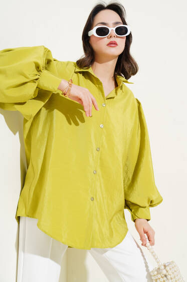 Kırışık Doku Balon Kol Gömlek Yağ Yeşili - Gömlek