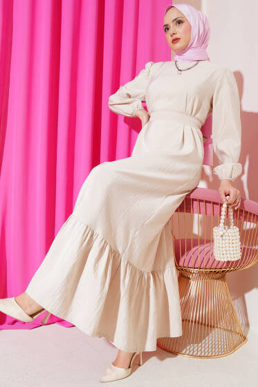 Kırışık Doku Kuşaklı Elbise Bej - Elbise