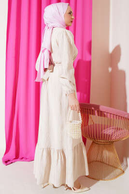 Kırışık Doku Kuşaklı Elbise Bej - Tesettür Elbise