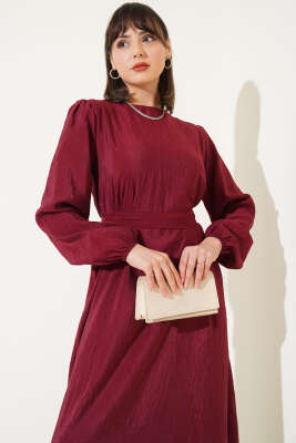 Kırışık Doku Kuşaklı Elbise Bordo - 700-1000 TL Ürünler