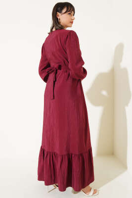 Kırışık Doku Kuşaklı Elbise Bordo - Tesettür Elbise