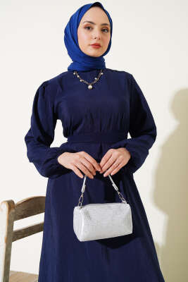 Kırışık Doku Kuşaklı Elbise Lacivert - Tesettür Elbise