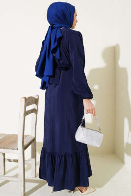 Kırışık Doku Kuşaklı Elbise Lacivert - Tesettür Elbise