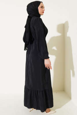 Kırışık Doku Kuşaklı Elbise Siyah - Tesettür Elbise