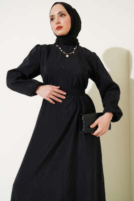 Kırışık Doku Kuşaklı Elbise Siyah - Tesettür Elbise