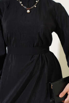 Kırışık Doku Kuşaklı Elbise Siyah - Tesettür Elbise