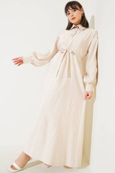 Kırışık Doku Yarım Düğmeli Elbise Bej - Elbise
