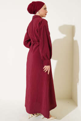 Kırışık Doku Yarım Düğmeli Elbise Bordo - 700-1000 TL Ürünler