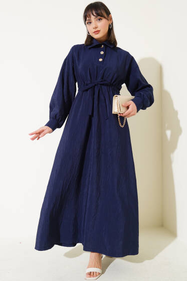 Kırışık Doku Yarım Düğmeli Elbise Lacivert - Elbise