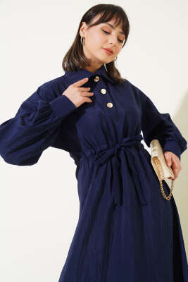 Kırışık Doku Yarım Düğmeli Elbise Lacivert - Tesettür Elbise