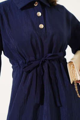 Kırışık Doku Yarım Düğmeli Elbise Lacivert - Tesettür Elbise