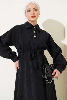 Kırışık Doku Yarım Düğmeli Elbise Siyah - Tesettür Elbise