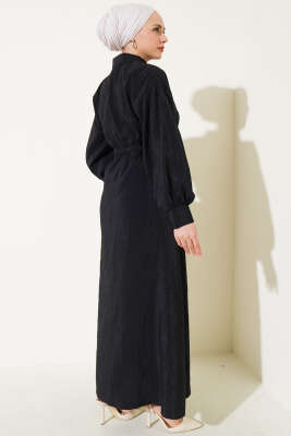 Kırışık Doku Yarım Düğmeli Elbise Siyah - Tesettür Elbise