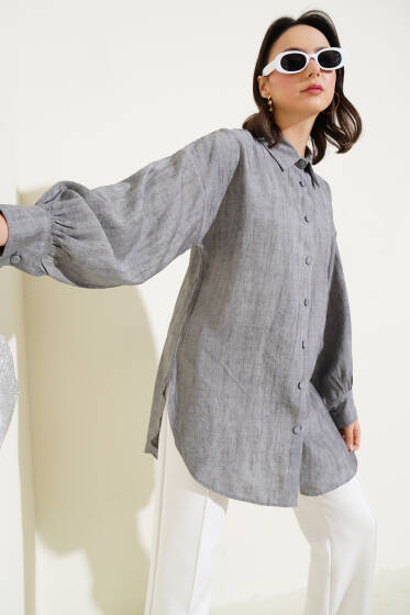 Kırışık Dokulu Basic Gömlek Gri - Gömlek