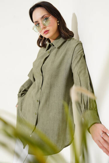 Kırışık Dokulu Basic Gömlek Haki - Gömlek