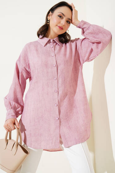 Kırışık Dokulu Basic Gömlek Pudra - Gömlek